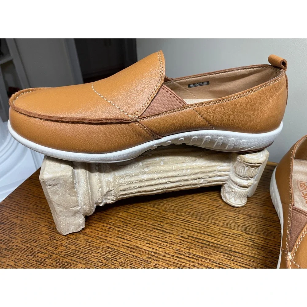 Spenco Mens Siesta Leather Slip On Loafers Tan Brown Orthotic Shoes Size 10 D **